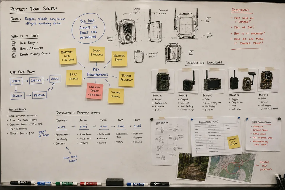 Whiteboard from a product requirements workshop showing key requirements, use-case flow, competitive landscape, risks and assumptions, and a development roadmap