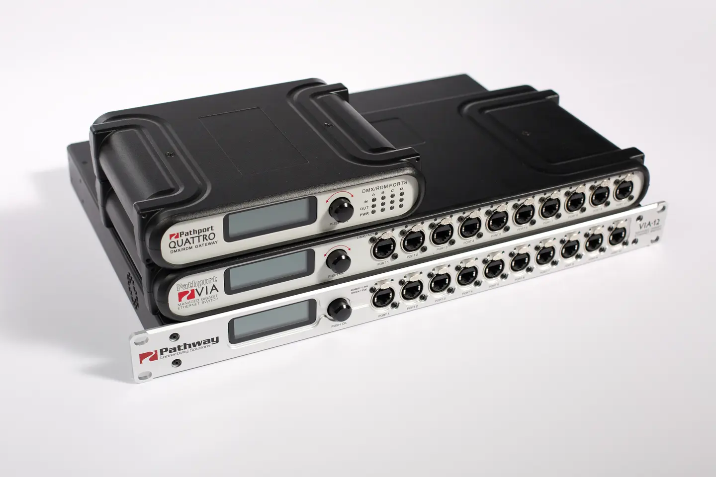 VIA-12 switch front panel detail — industrial design for live touring and theatre lighting