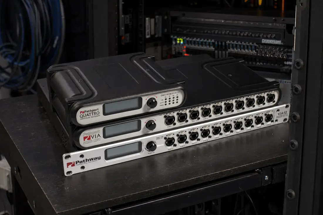 VIA-12 shown with the Quattro gateway and Pathway base unit, live event lighting network switch design