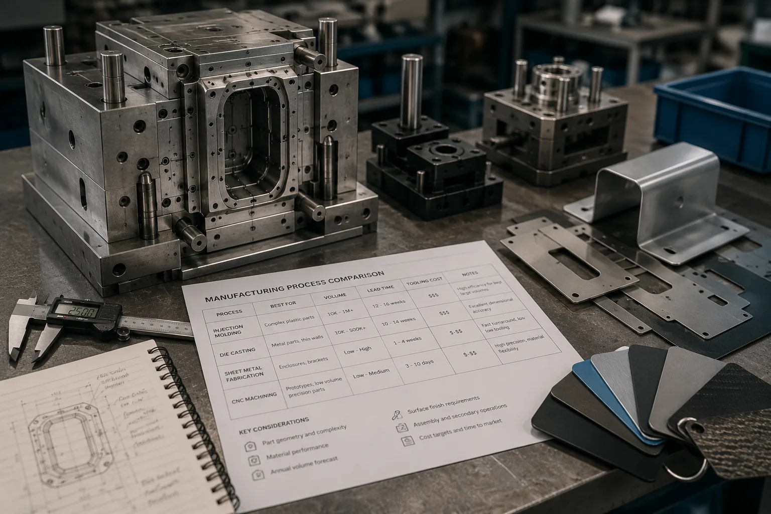 Injection mould tooling beside a manufacturing process comparison sheet and material samples