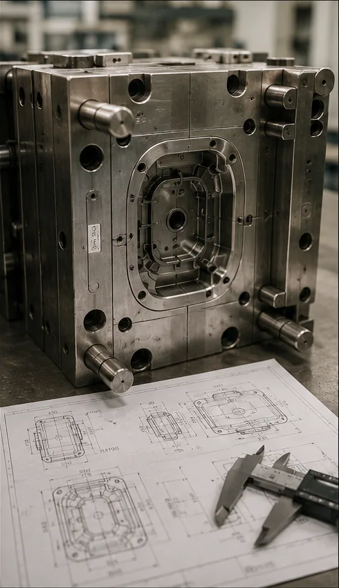 Injection mould tool showing the parting line beside its dimensional drawing