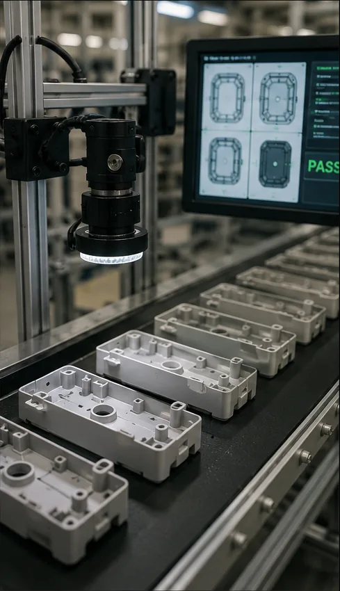 Automated vision inspection system checking production parts on a line, with a pass result on screen