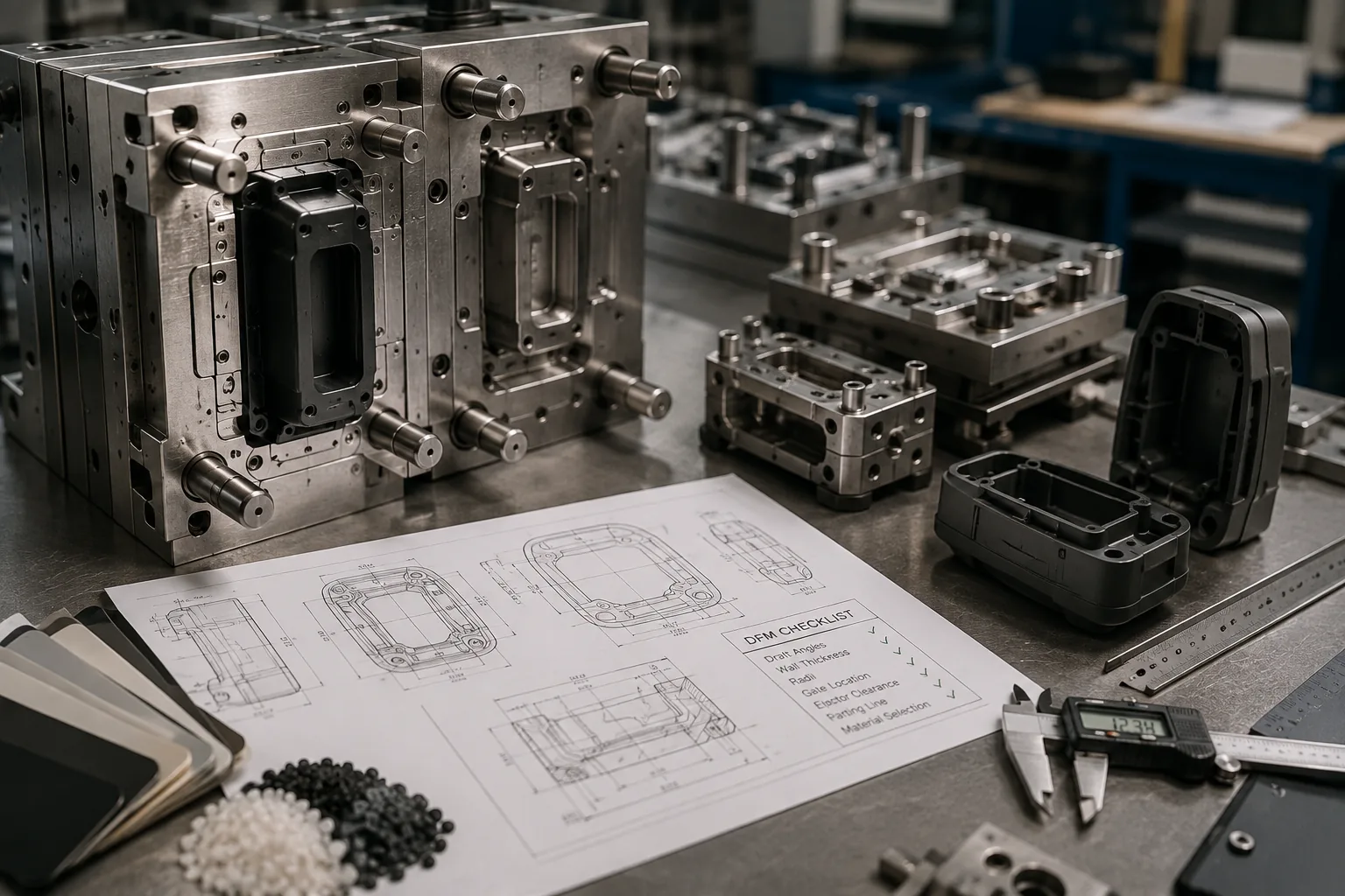 Precision injection mold tooling beside a DFM checklist, material samples and dimensional drawings