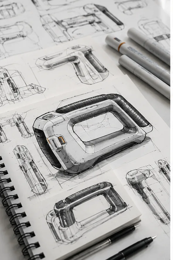 Sketchbook pages exploring handheld device form concepts