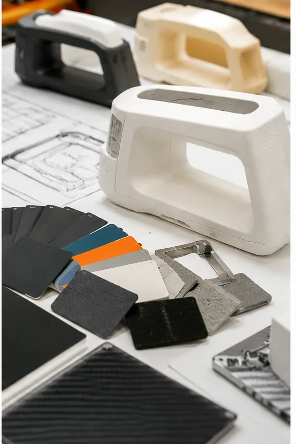 White, black and tan appearance models with CMF material swatches