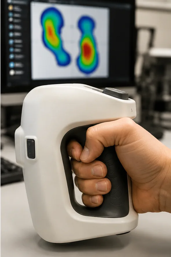 Hand gripping a device prototype during an ergonomic pressure-mapping evaluation