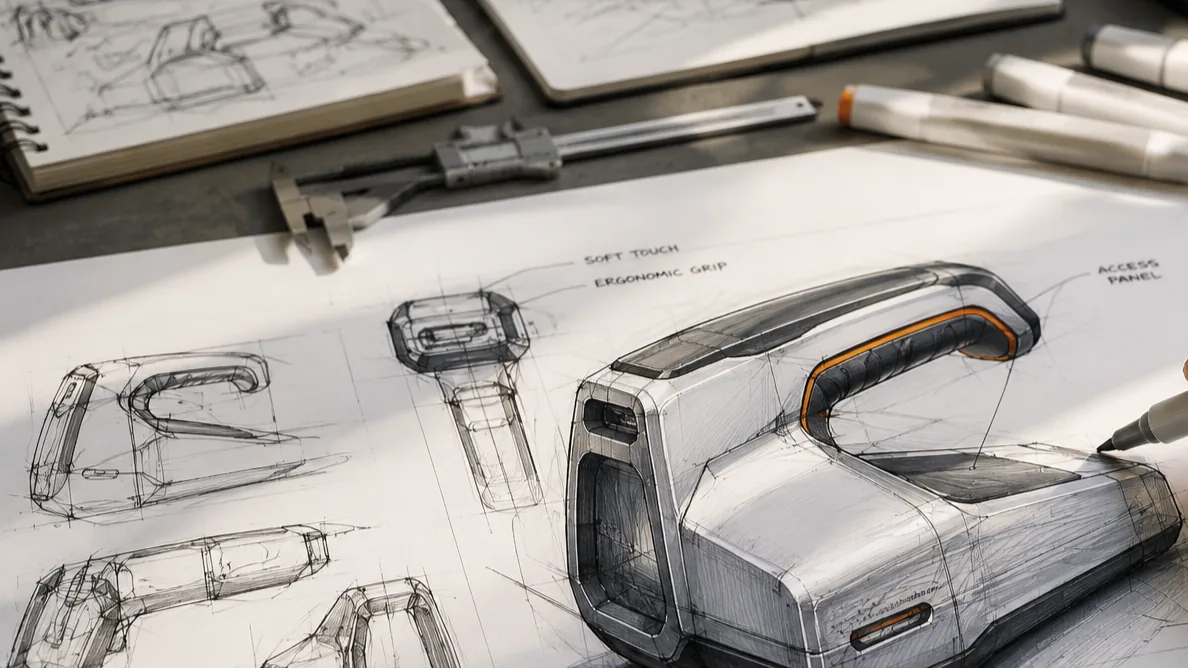 Concept sketches, calipers and markers on an industrial designer's desk