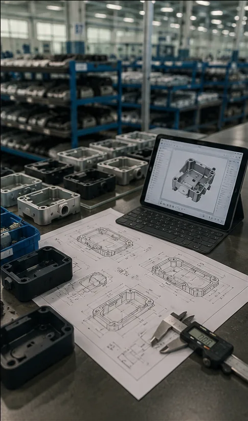 Supplier facility with production CAD on a tablet beside cast enclosure components on shelves