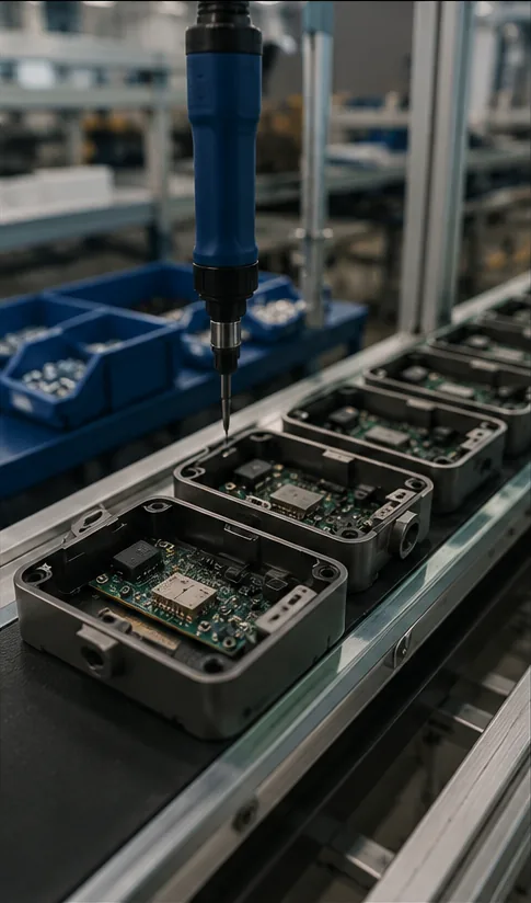 Pilot production build showing electronics integrated into machined product housings during first-article manufacturing review