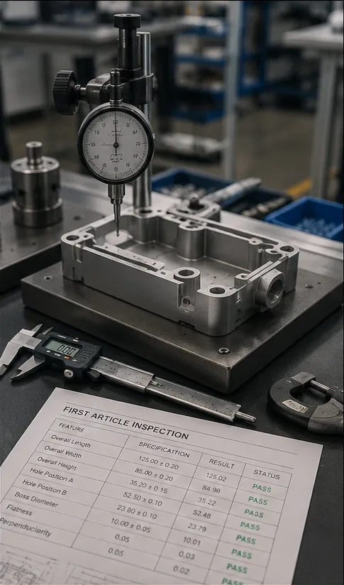 Dial indicator measuring a machined housing beside a completed first article inspection report