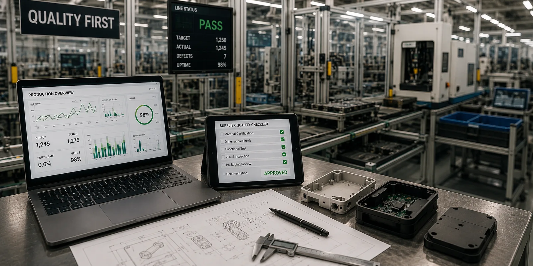 Production dashboards and a supplier quality checklist on a factory floor under a Quality First sign