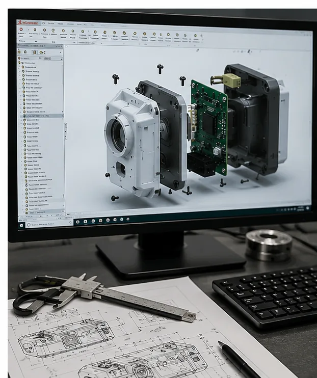 Exploded CAD assembly of a housing, PCB and connector on a workstation monitor
