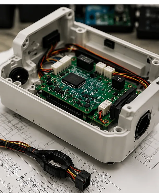 Populated PCB integrated inside an open enclosure with a wiring harness