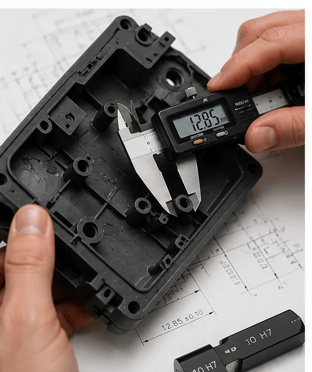 Digital calipers measuring a tolerance on a machined housing component