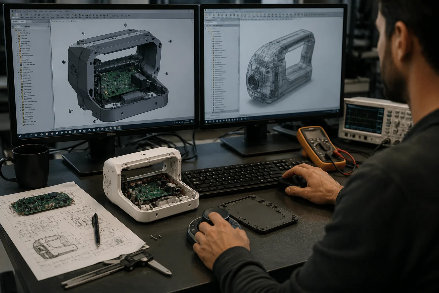 Engineer reviewing CAD and PCB layout on dual monitors beside a disassembled electronics enclosure