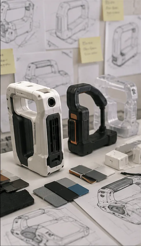 White, black and clear appearance models with CMF material swatches