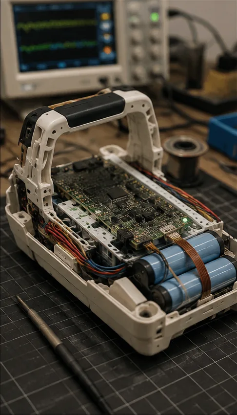 Functional prototype with exposed PCB, wiring harness and battery cells