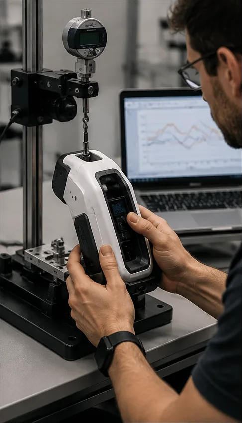 Instrumented force-test rig evaluating a handheld prototype beside a laptop showing test data