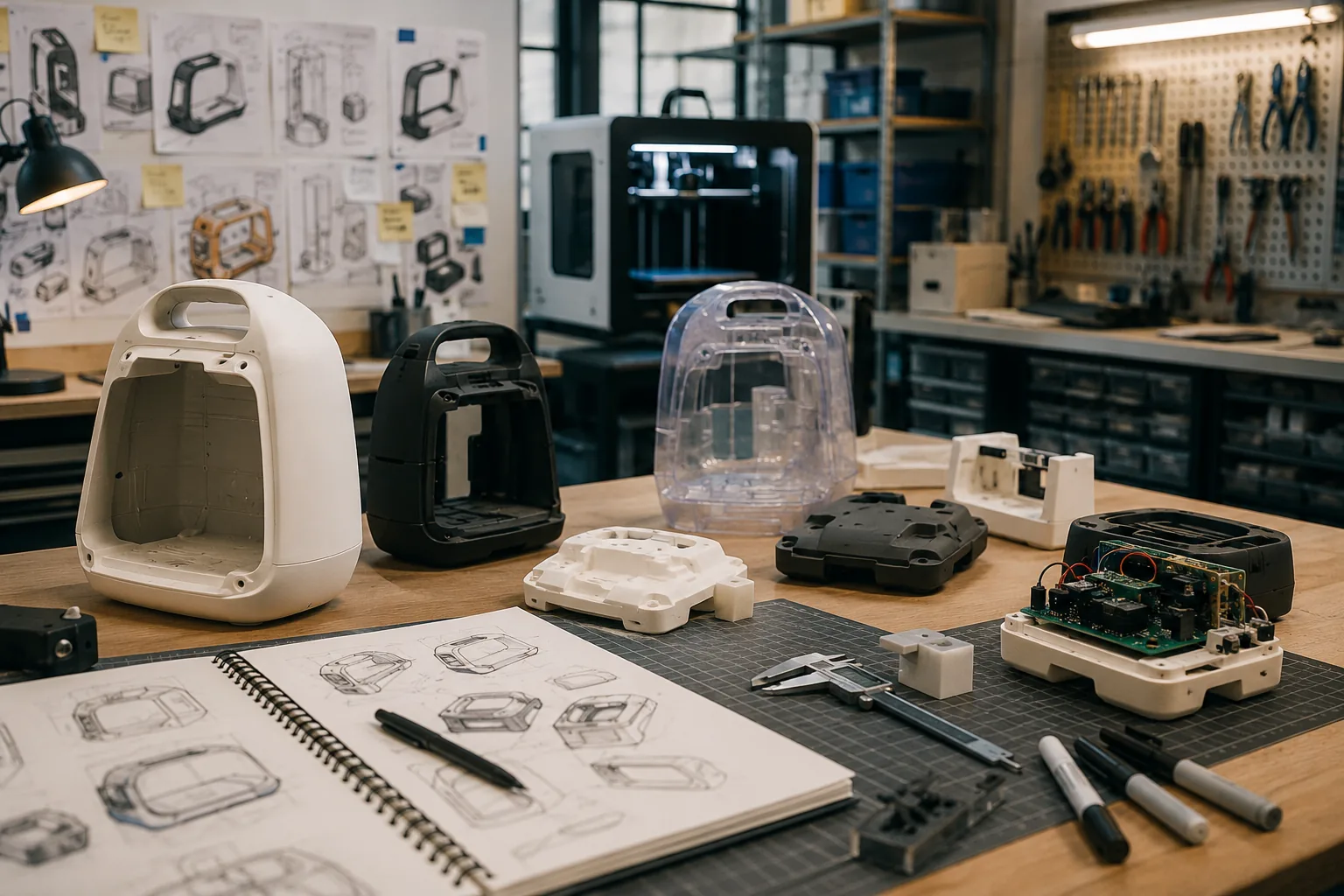 Prototyping workshop with appearance models, sketches and functional builds on a workbench