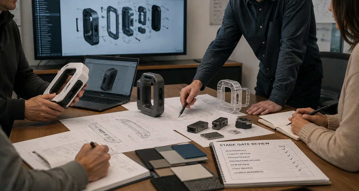 Engineering team reviewing hardware prototypes, CAD models, technical drawings and stage-gate documentation during product development