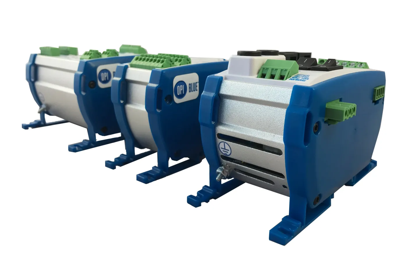 OPI Blue DIN rail grain monitoring system — ag-tech industrial product design by Creative Coefficient
