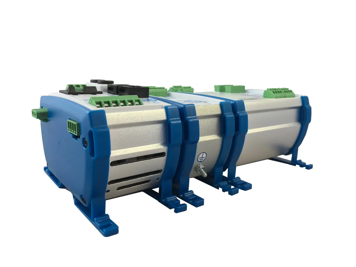 OPI Blue DIN rail installation detail — rugged agricultural electronics industrial design