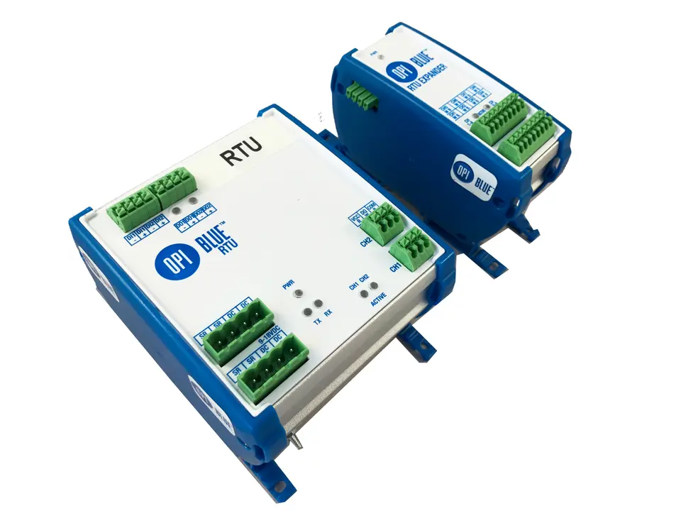 OPI Blue DIN rail close-up — ag-tech industrial design by Creative Coefficient