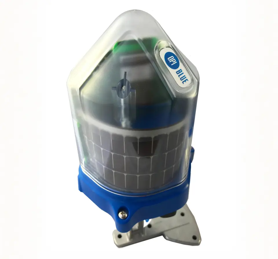 OPI Blue Node close-up — IoT agricultural monitoring device industrial design