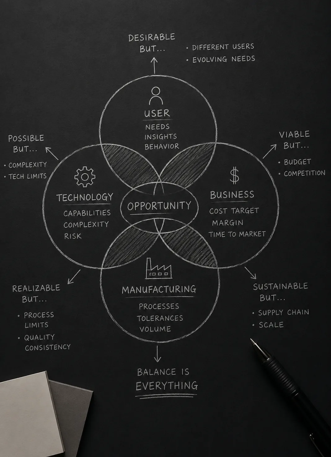 Hand-drawn diagram balancing user, business, technology and manufacturing feasibility around a central product opportunity