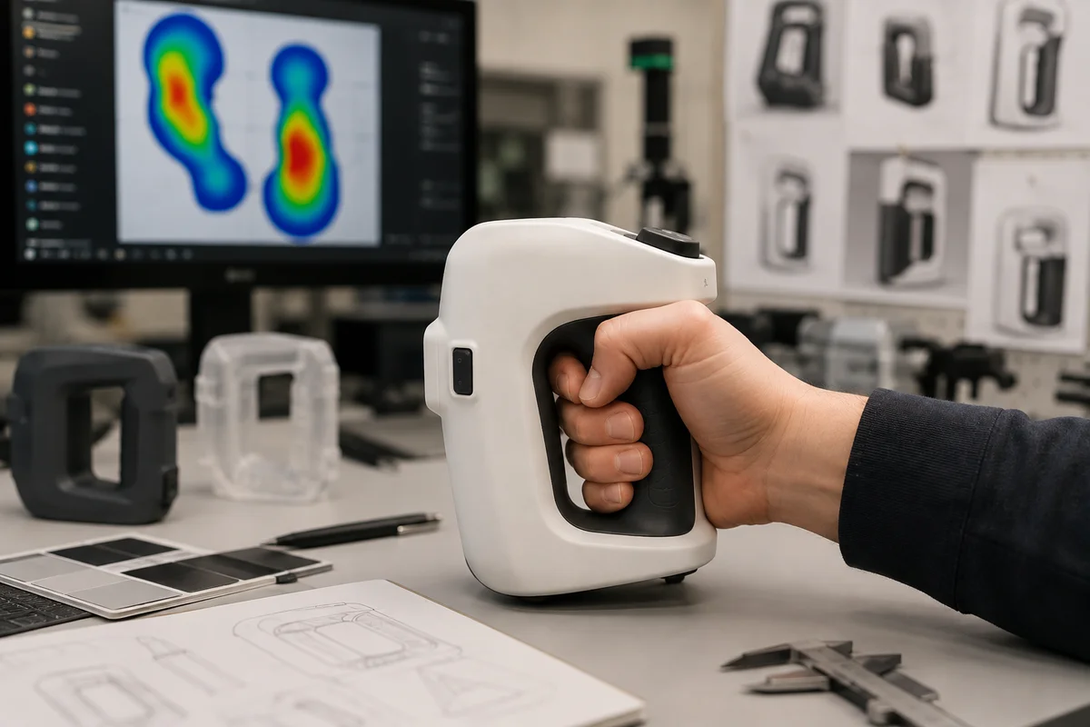 Handheld hardware prototype being evaluated for grip ergonomics and user interaction during product development