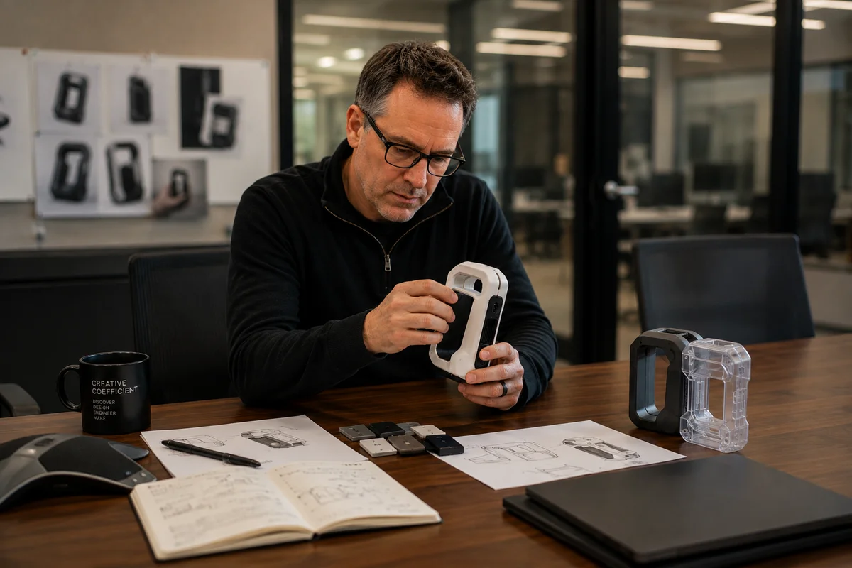Product designer reviewing a handheld appearance model with alternate prototype housings during early industrial design development